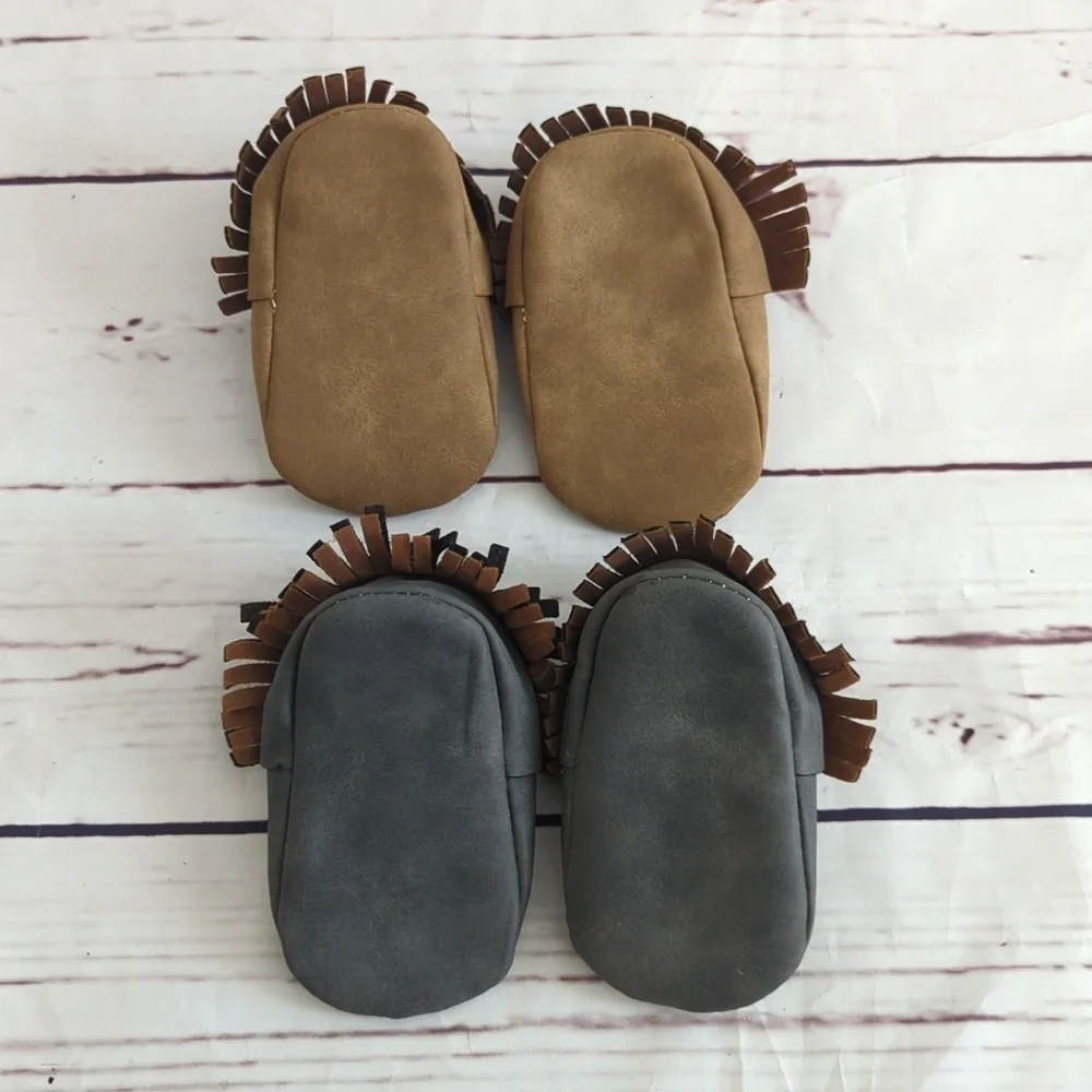 First Steps baby toddler shoes moccasins, two pairs gray & brown, size 2